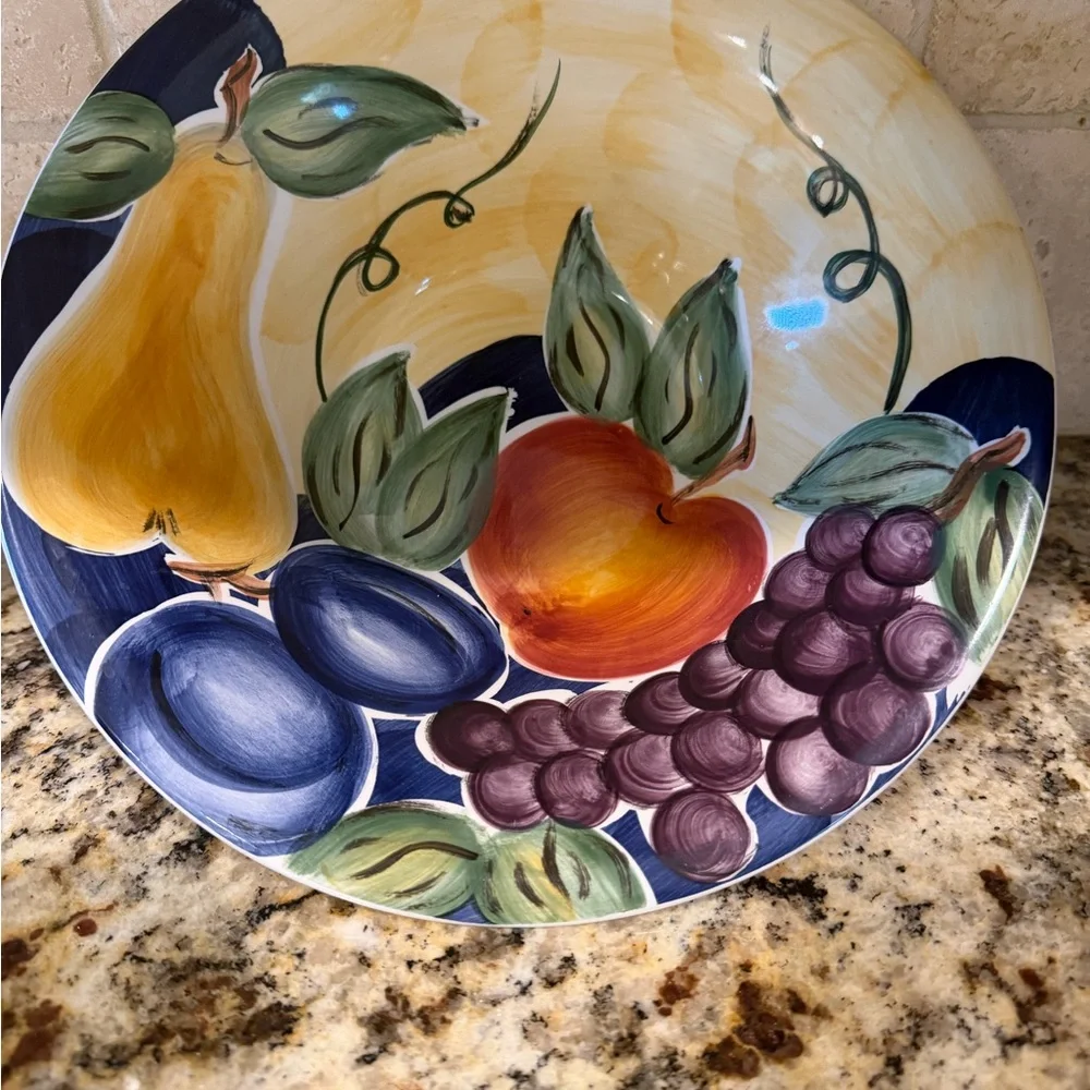 Hand-Painted Fruit Ceramic Dinner Plates in Yellow and Navy